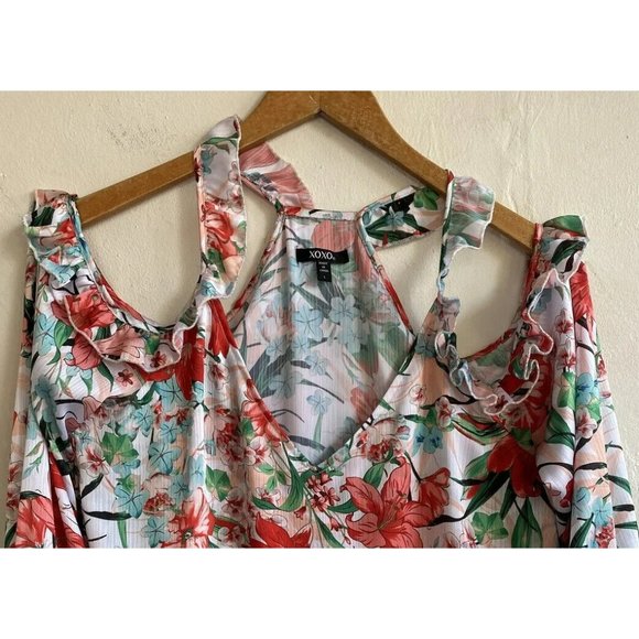 COPY - XOXO Womens Blouse Top Cold Shoulder Large Floral Layered Ruffles Long S… - Picture 2 of 11